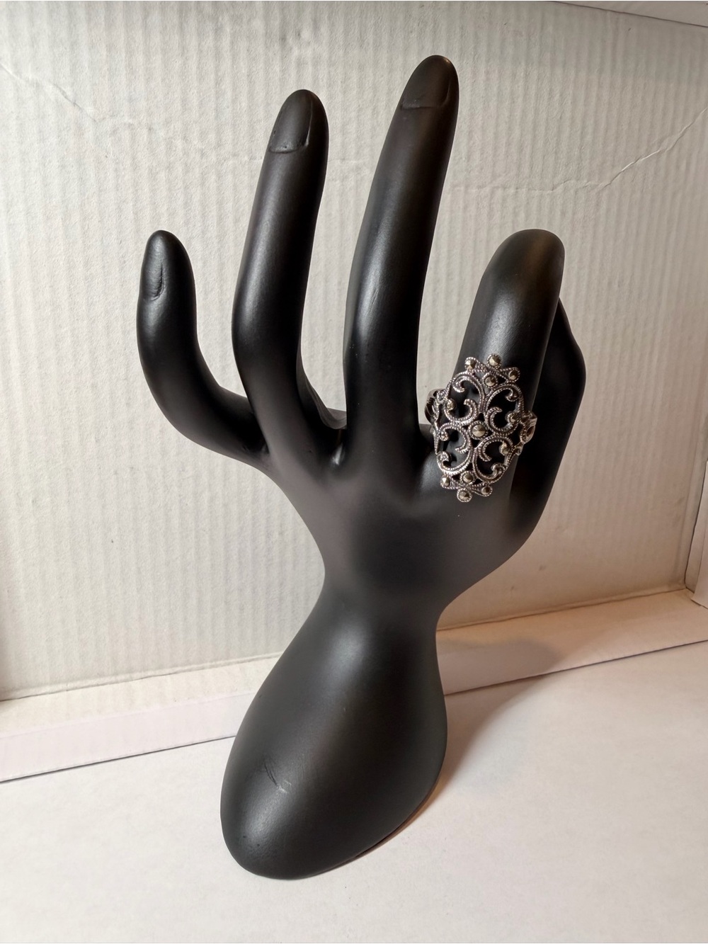 Silver Filigree Statement Ring with Marcasite - Silver